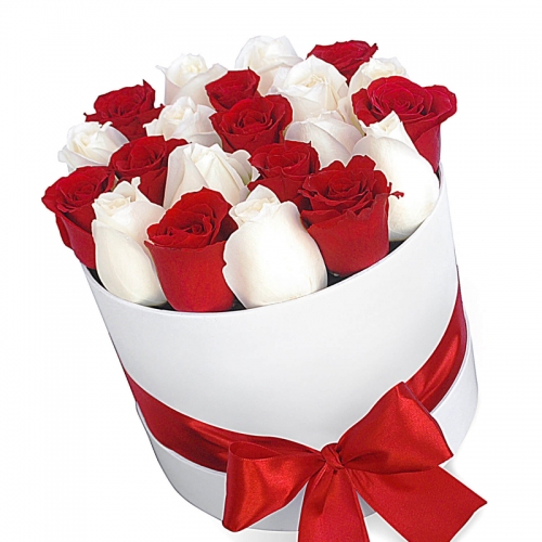 25 красно-белых роз в шляпной коробке "Королева роз"